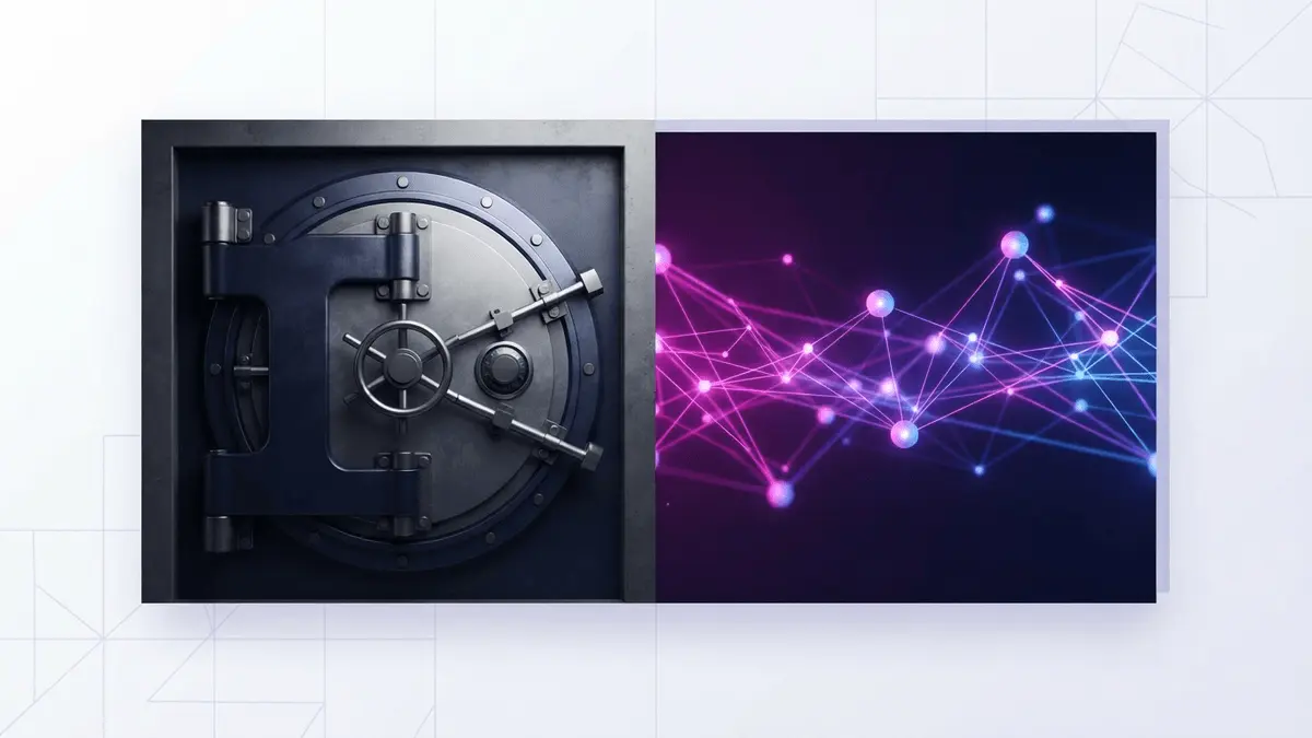 Bank vault door contrasted with glowing blockchain network in purple and magenta gradients